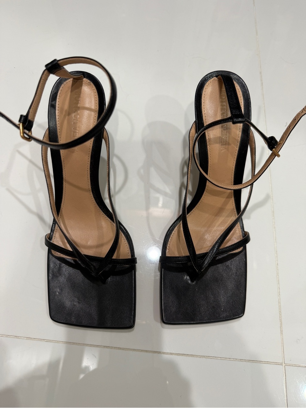 Bottega Veneta Black Strappy Square-Toe Heeled Sandals